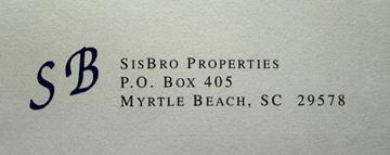 Myrtle Beach apartment for rent - A letterhead for Sisbro Properties with a large SB logo.