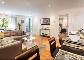 Brookline apartment for rent - A modern living room with a brown couch, a white coffee table, and a rug.