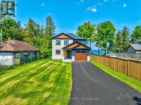 Brock house for rent - A backyard with a concrete walkway leading to a small building.