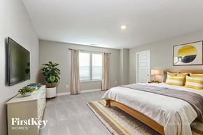 Danville house for rent - A bedroom with a large bed, a flat screen TV, and a potted plant.