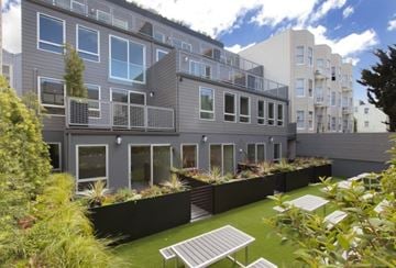 San Francisco apartment for rent - A modern apartment complex with a well-maintained outdoor area.
