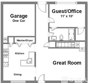 Atlanta house for rent - A floor plan of a one-car garage with a guest/office, great room, and kitchen.