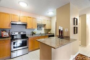 Denver condo for rent - A kitchen with a black stove top oven and wooden cabinets.