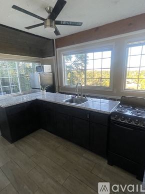 Los Angeles house for rent - A kitchen with a black stove top oven and a fan on the ceiling.