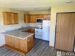 Foreston apartment for rent - A kitchen with wooden cabinets and a white refrigerator.