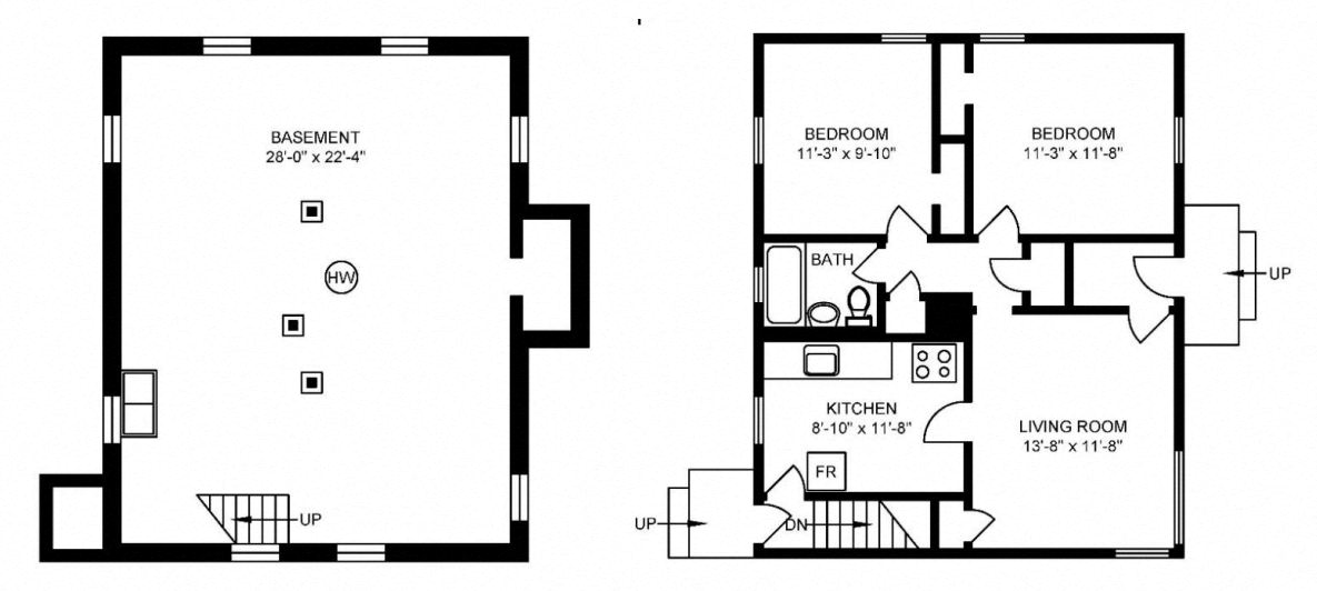 Floor plan for 2 beds, 1 bath, 687 sqft
