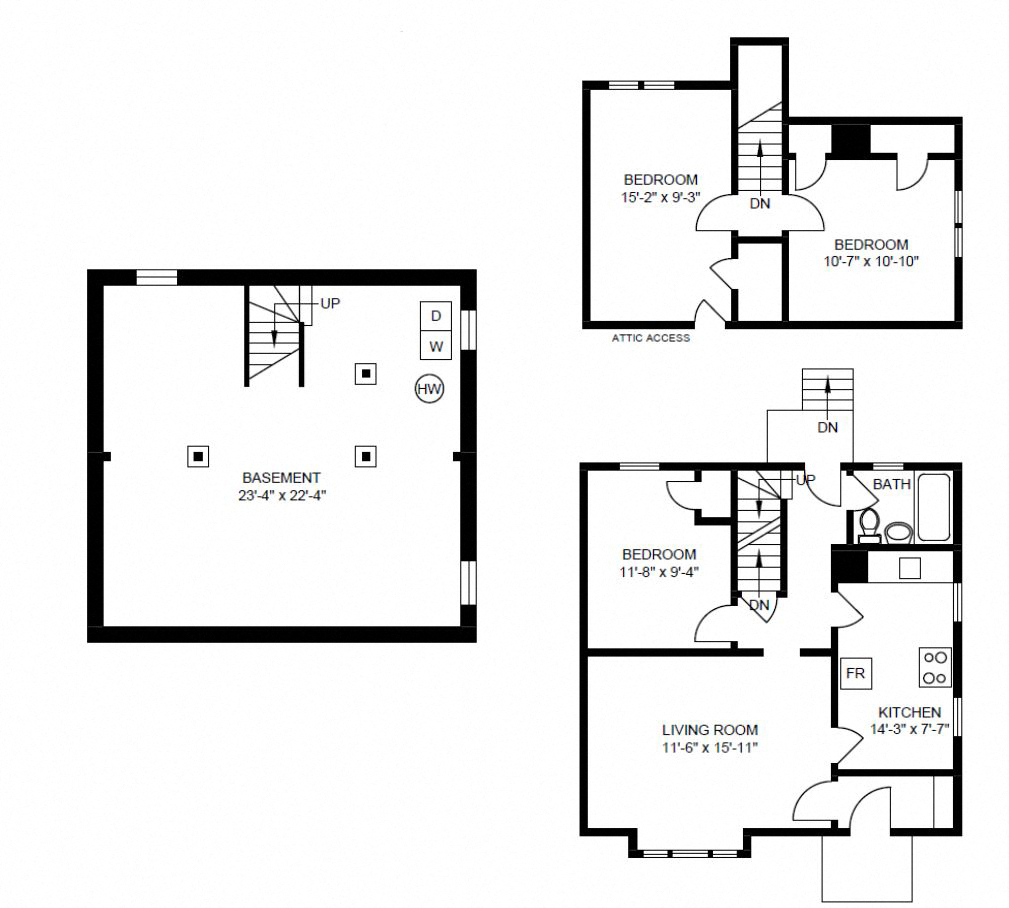 Floor plan for 3 beds, 1 bath, 878 sqft