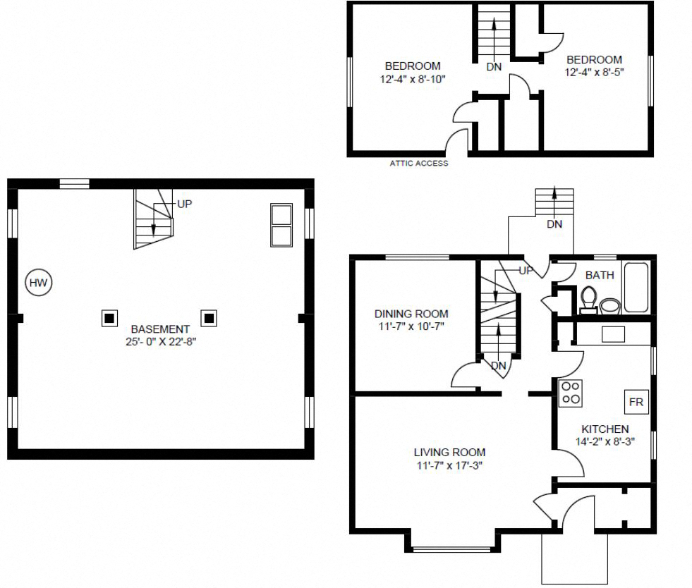 Floor plan for 2 beds, 1 bath, 927 sqft