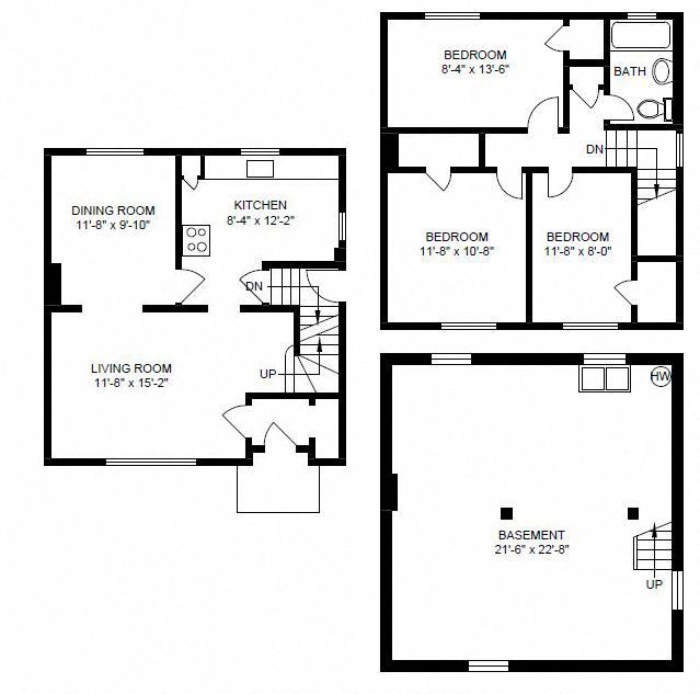 Floor plan for 3 beds, 1 bath, 1022 sqft
