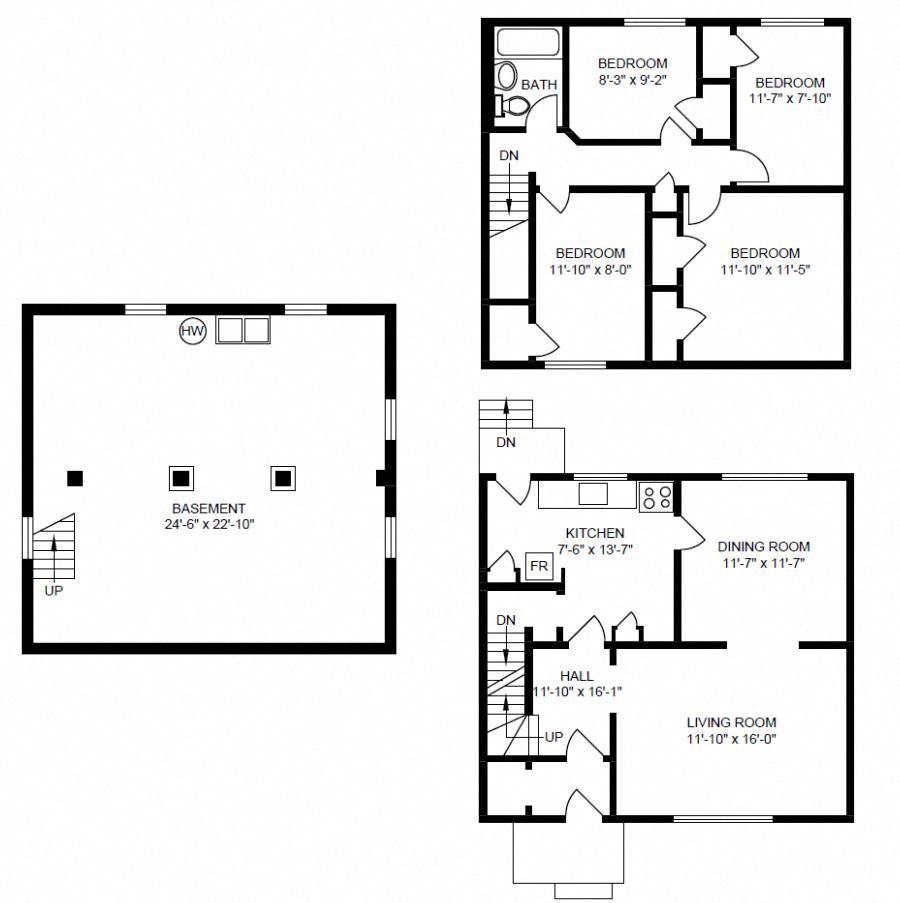 Floor plan for 4 beds, 1 bath, 1162 sqft
