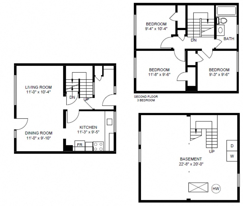 Floor plan for 3 beds, 1 bath, 903 sqft