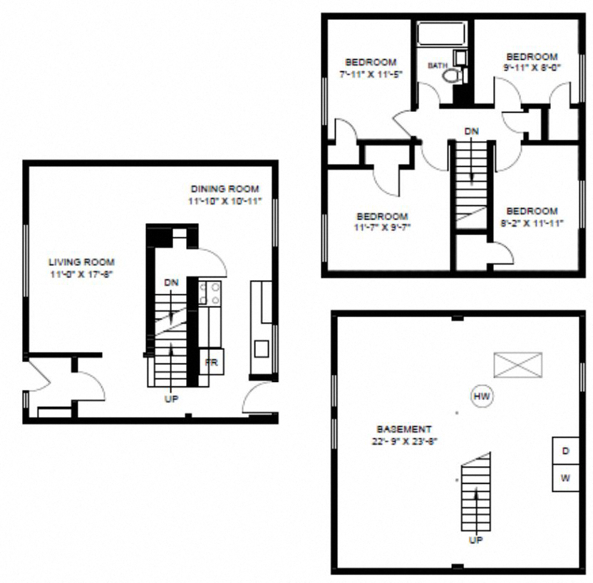 Floor plan for 4 beds, 1 bath, 1059 sqft