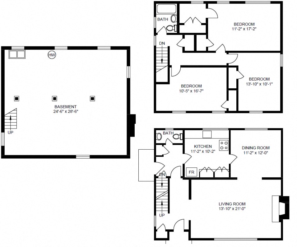 Floor plan for 3 beds, 1.5 baths, 1452 sqft