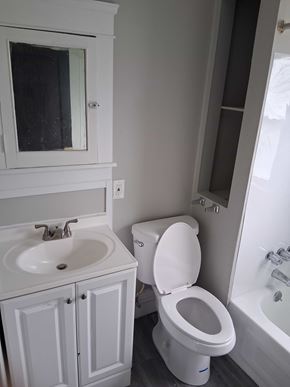 Cleveland apartment for rent - A white toilet sits next to a sink in a bathroom.