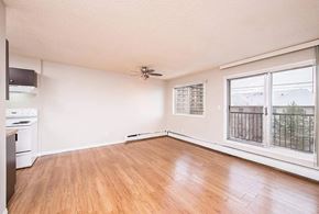 Edmonton apartment for rent - A room with a ceiling fan and a window with blinds.