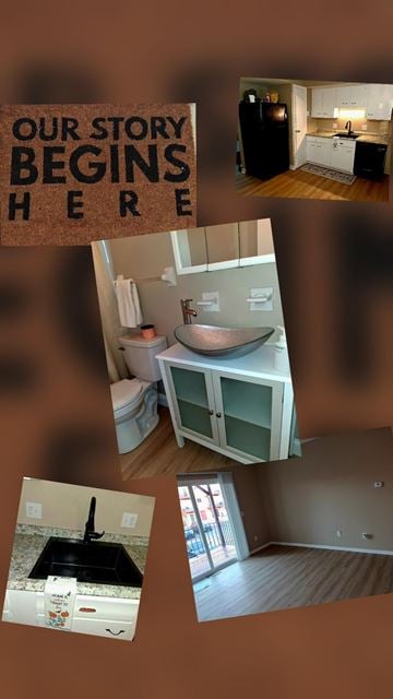 Riverside apartment for rent - A collage of images showing a kitchen, bathroom, and living room.