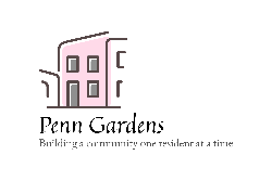 Riverside apartment for rent - A pink building with the words Penn Gardens and a tagline underneath it.