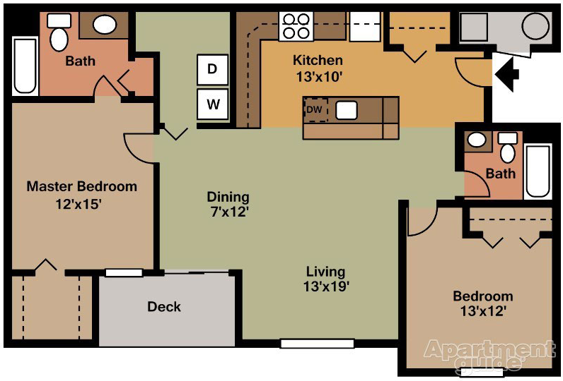Floor plan for 2 beds, 2 baths, 1130 sqft
