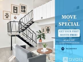 Phoenix apartment for rent - A staircase in a room with a sign offering a free first month for a tour.