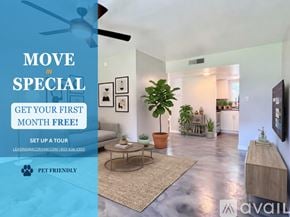 Phoenix apartment for rent - A room with a bed, couch, and chair is on display for a move in special offer.