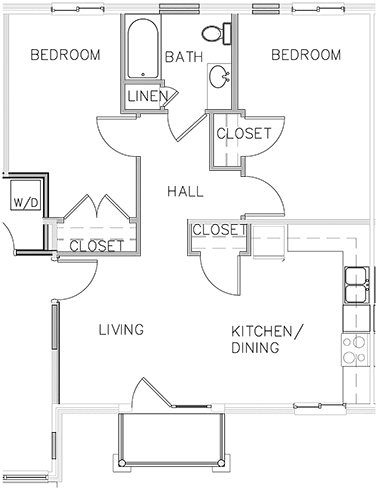 Floor plan for 2 beds, 1 bath, 754 sqft