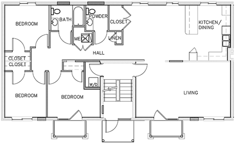 Floor plan for 3 beds, 1 bath, 870 sqft