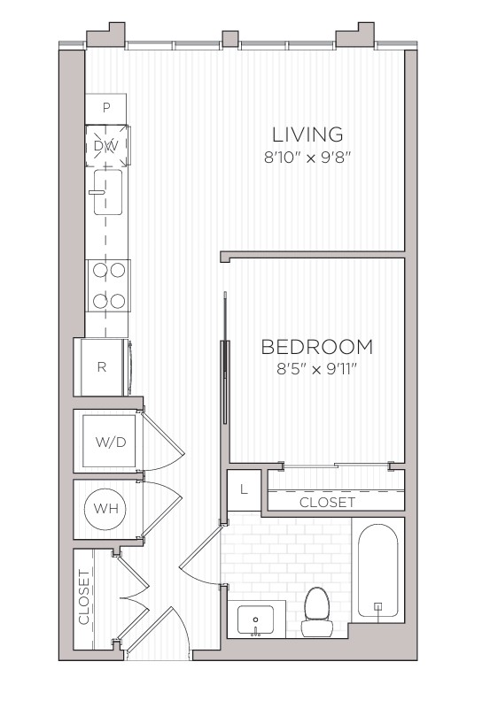 Floor plan for studio, 1 bath, 498 sqft