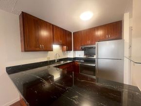 Honolulu apartment for rent - A kitchen with black granite countertops and wooden cabinets.