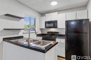 Lockhart apartment for rent - A kitchen with black countertops and white cabinets.