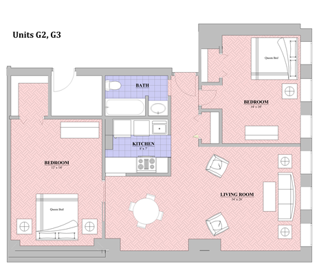 Floor plan for 2 beds, 1 bath, 870 sqft