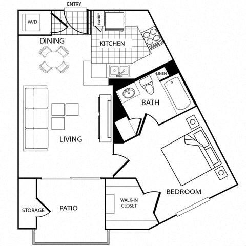 Floor plan for 1 bed, 1 bath, 647 sqft