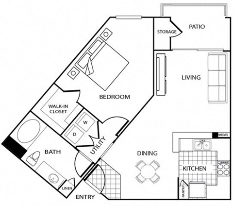 Floor plan for 1 bed, 1 bath, 763 sqft