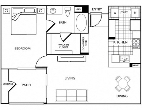 Floor plan for 1 bed, 1 bath, 832 sqft
