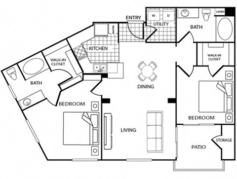 Floor plan for 2 beds, 2 baths, 1054 sqft