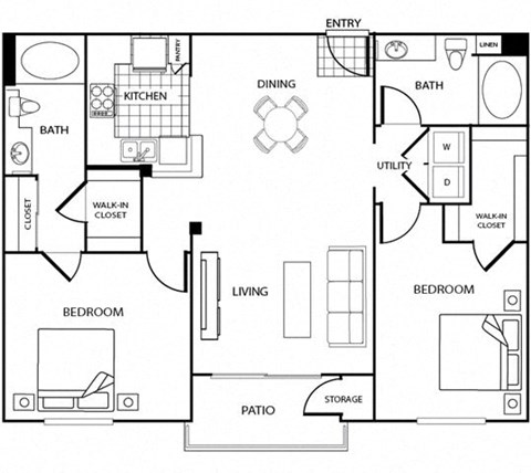 Floor plan for 2 beds, 2 baths, 1104 sqft