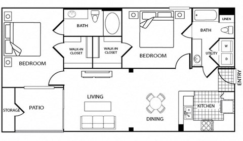 Floor plan for 2 beds, 2 baths, 1088 sqft