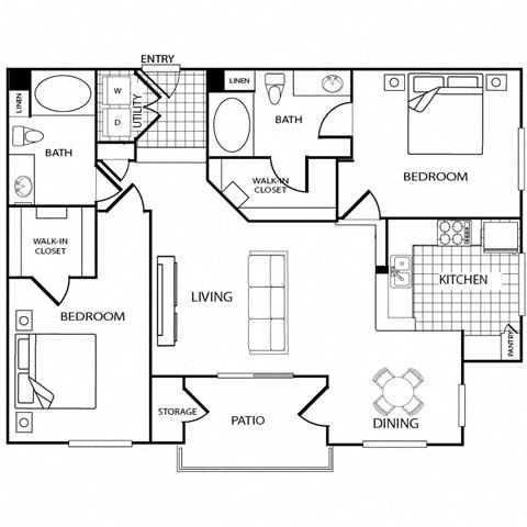 Floor plan for 2 beds, 2 baths, 1144 sqft