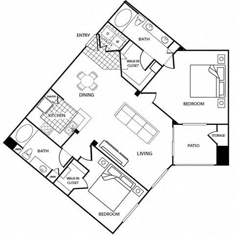 Floor plan for 2 beds, 2 baths, 1257 sqft