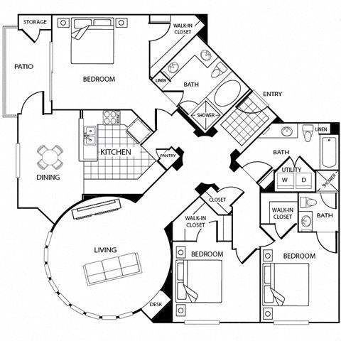 Floor plan for 3 beds, 3 baths, 1694 sqft