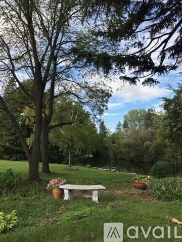 Mount Pleasant house for rent - A bench is situated in a grassy area with trees and flowers.
