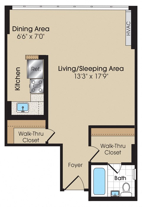 Floor plan for studio, 1 bath, 479 sqft