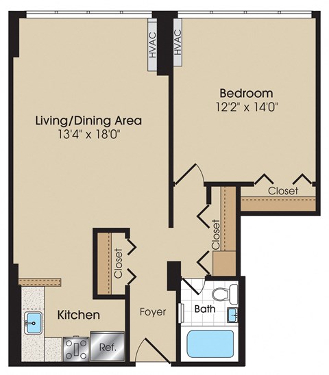 Floor plan for 1 bed, 1 bath, 671 sqft