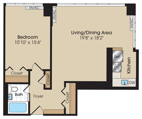 Floor plan for 1 bed, 1 bath, 696 sqft