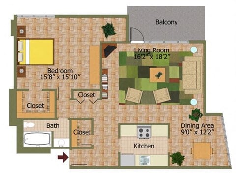 Floor plan for 1 bed, 1 bath, 936 sqft