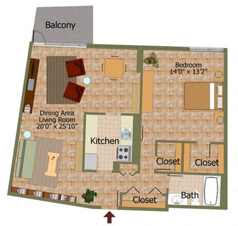 Floor plan for 1 bed, 1 bath, 936 sqft