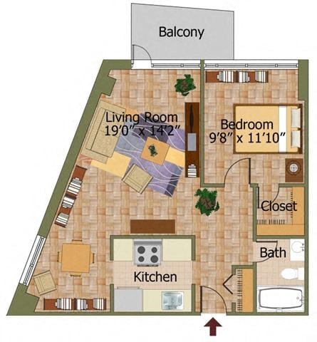 Floor plan for 1 bed, 1 bath, 650 sqft