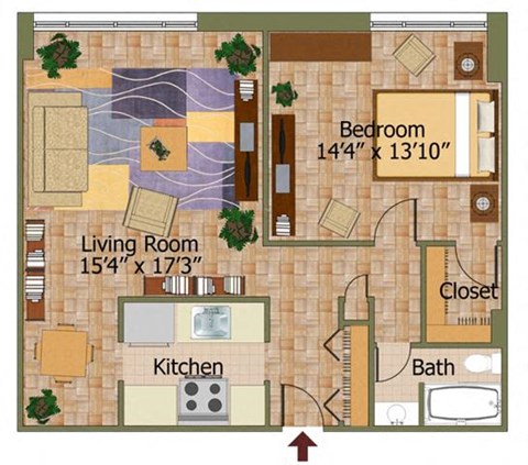Floor plan for 1 bed, 1 bath, 800 sqft