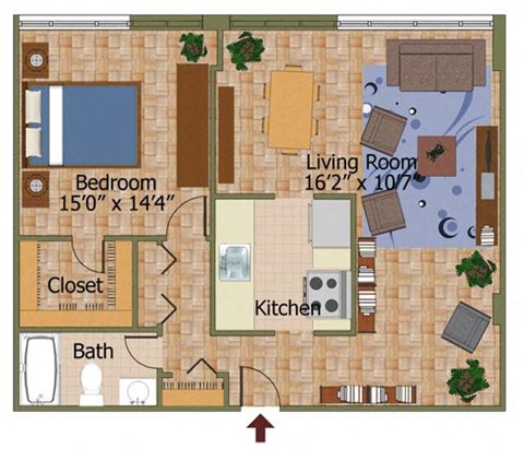 Floor plan for 1 bed, 1 bath, 910 sqft