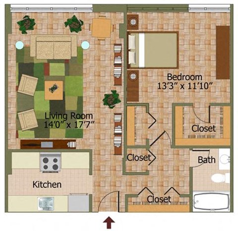 Floor plan for 1 bed, 1 bath, 610 sqft