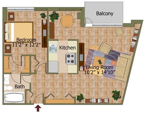 Floor plan for 1 bed, 1 bath, 810 sqft